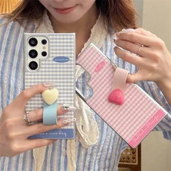 Korean Cute Plaid Pattern Phone Case For Samsung S24 Ultra S23 Ulitra Cover with Love Ring Fashion Leather Protective Cases