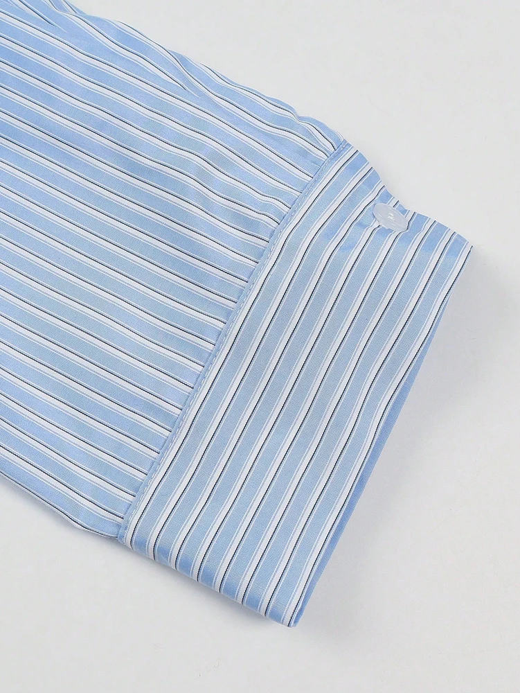 Women's Striped Clash Collar Lace Pocket Shirt, Daily Casual Shirt, Regular Fashion, Back to School Season image 5