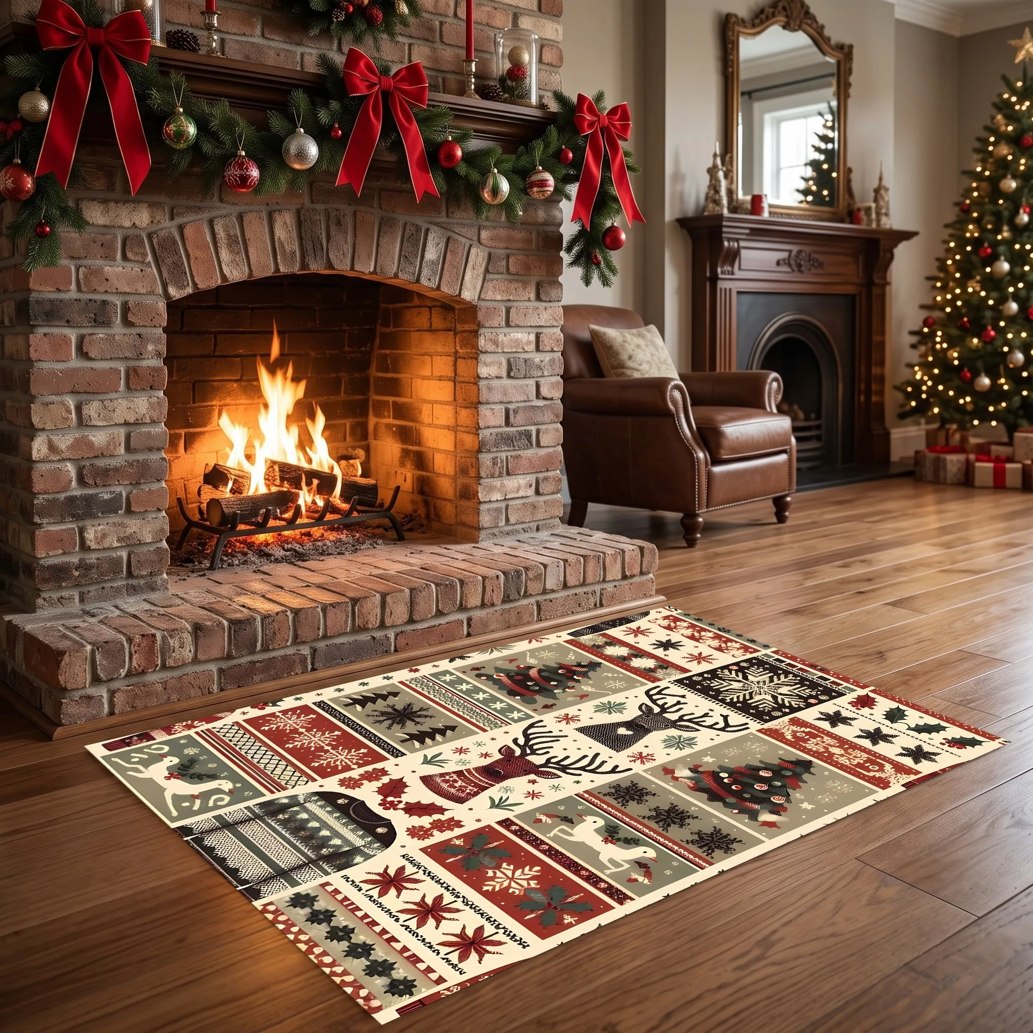 Fair Isle Reindeer Christmas Tree with Snowflake Patchwork Pattern, Retro Nordic Style, Suitable for Living Room, Bedroom, and Entryway, Creating a Warm Atmosphere for Autumn and Winter Soft Furnishings, Velvet Rug