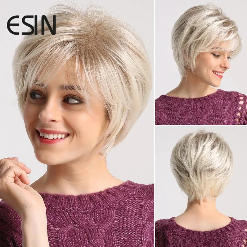 Pelucas sintéticas ESIN, marrón claro, ombré, blanco, Rubio, pelo corto, peluca Natural para uso diario con flequillo, peluca Bob frontal ondulada, pelucas para mujer, Ged