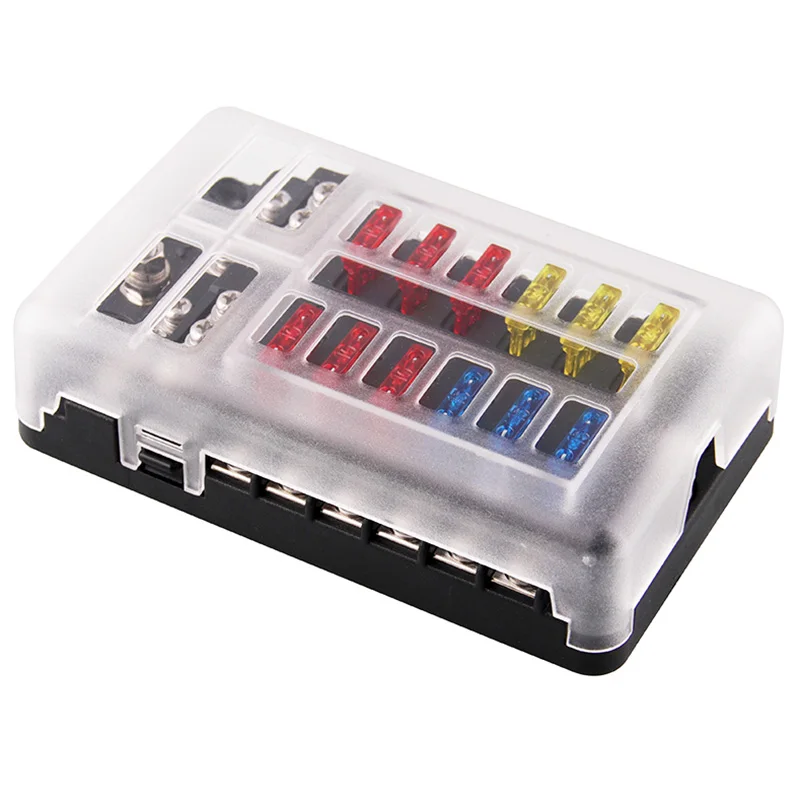 

12-Way Fuse Box Fuse Block Holder Screw Nut Terminal with Negative Bus 5A 10A 15A 20A Free Fuses LED Indicator Waterpoof Cover