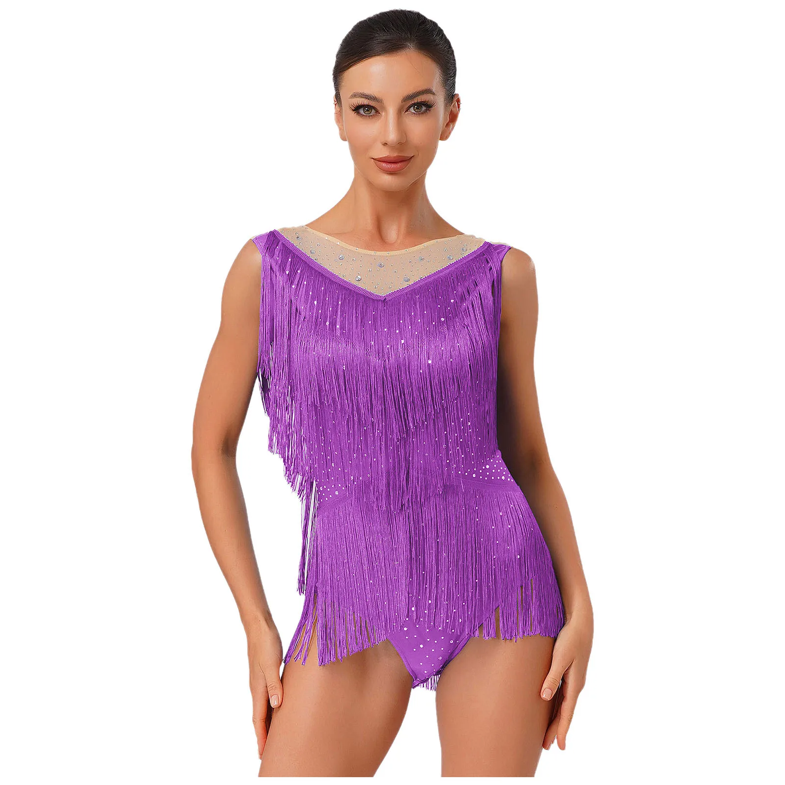 Womens Girls Sequin Modern Hip Hop Jazz Dance Performance Costume Leotard Dress Sparkling Tassels Samba Salsa Latin Dancewear