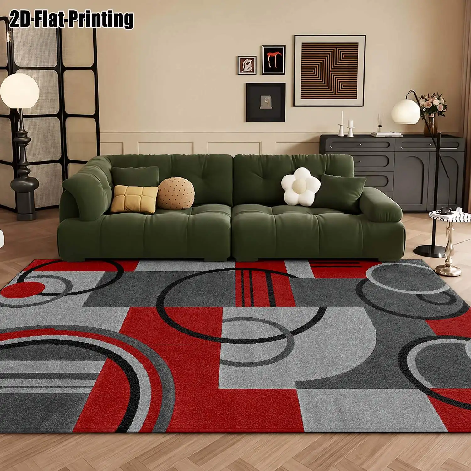 1Pc 2D Printed Carpet: Red & Gray Geometric Abstract Patterns, Modern Minimalist/Nordic/Instagram/European Style, Machine Washable, Multiple Sizes, Ideal for Living Room, Bedroom, Dining Room, Entryway, Study Home Decor