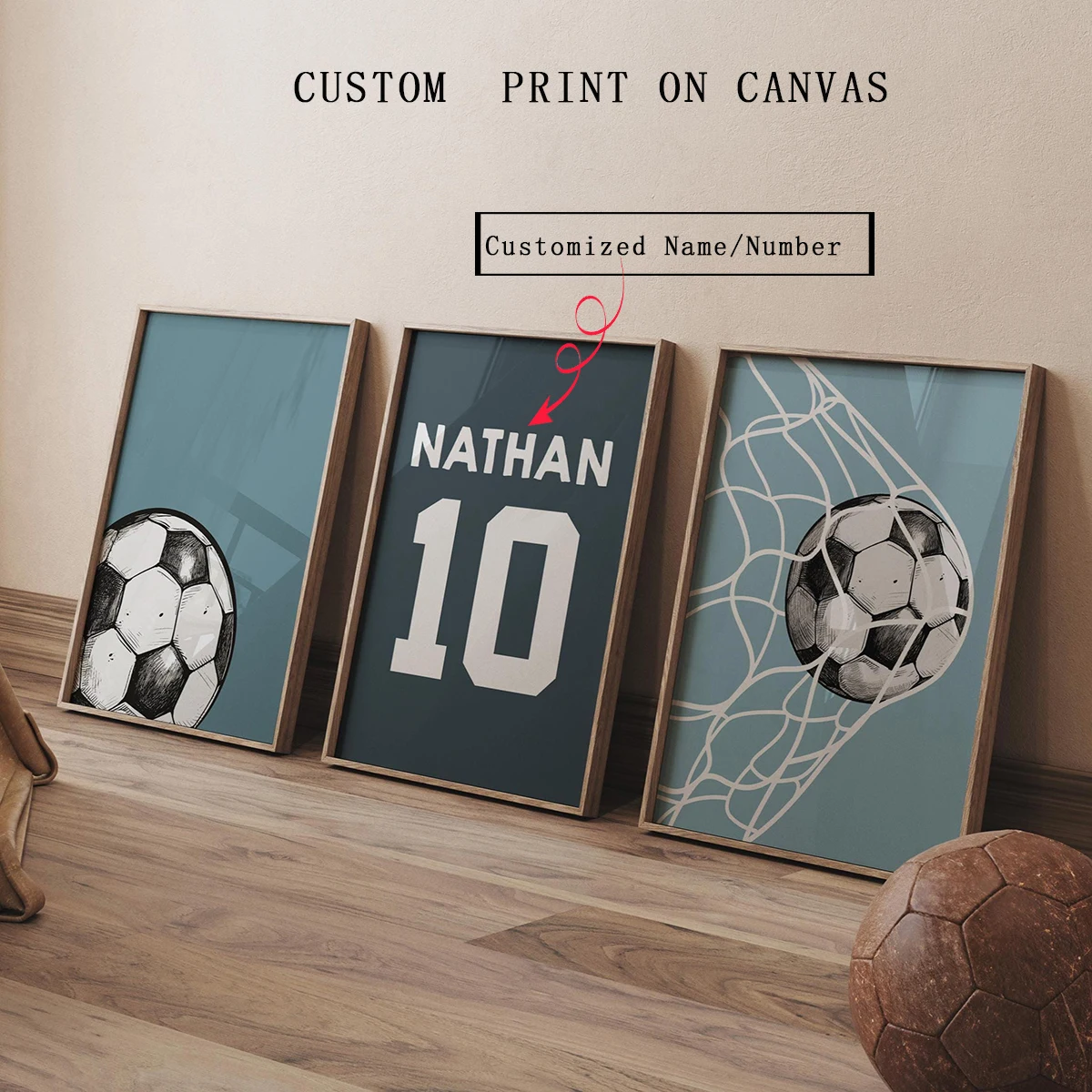 

3pcs/Set Personalized Youngsters Name Canvas Poster Wall Art, Custom Name And Number Poster for Home Decor, Cartoon Soccer Footb
