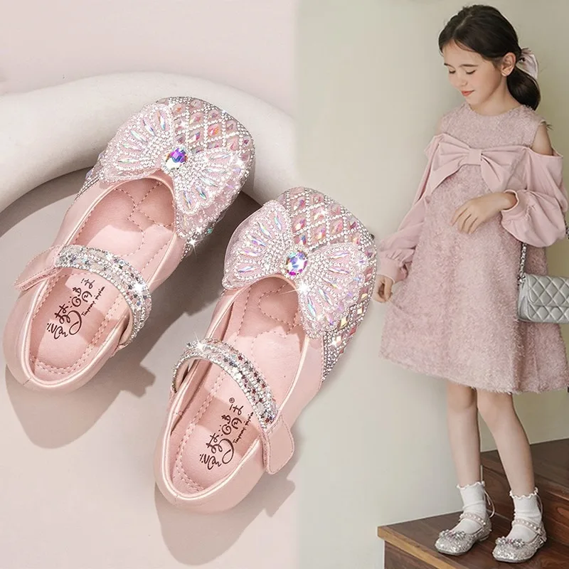 Children's Leather Shoes Spring and Autumn New Crystal Shining Water Diamond Single Shoes Little Girl Soft Sole Princess Shoes