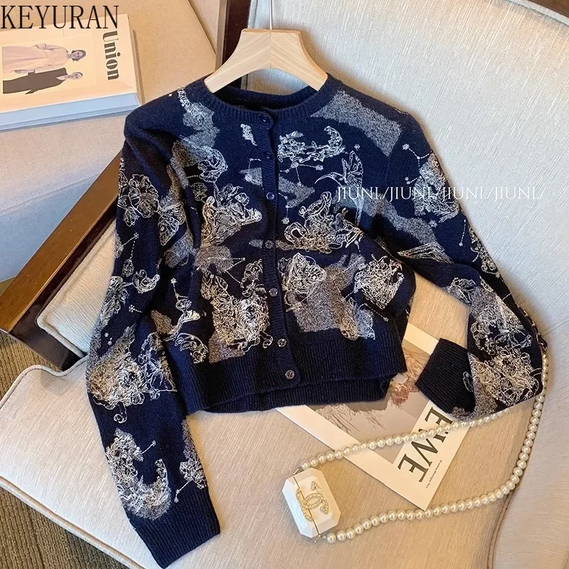 Vintage Embroidery Knitted Cardigan Sweater Women 2023 New Autumn O-Neck Long Sleeve Single Breasted Knitwear Tops Mujer Jumper