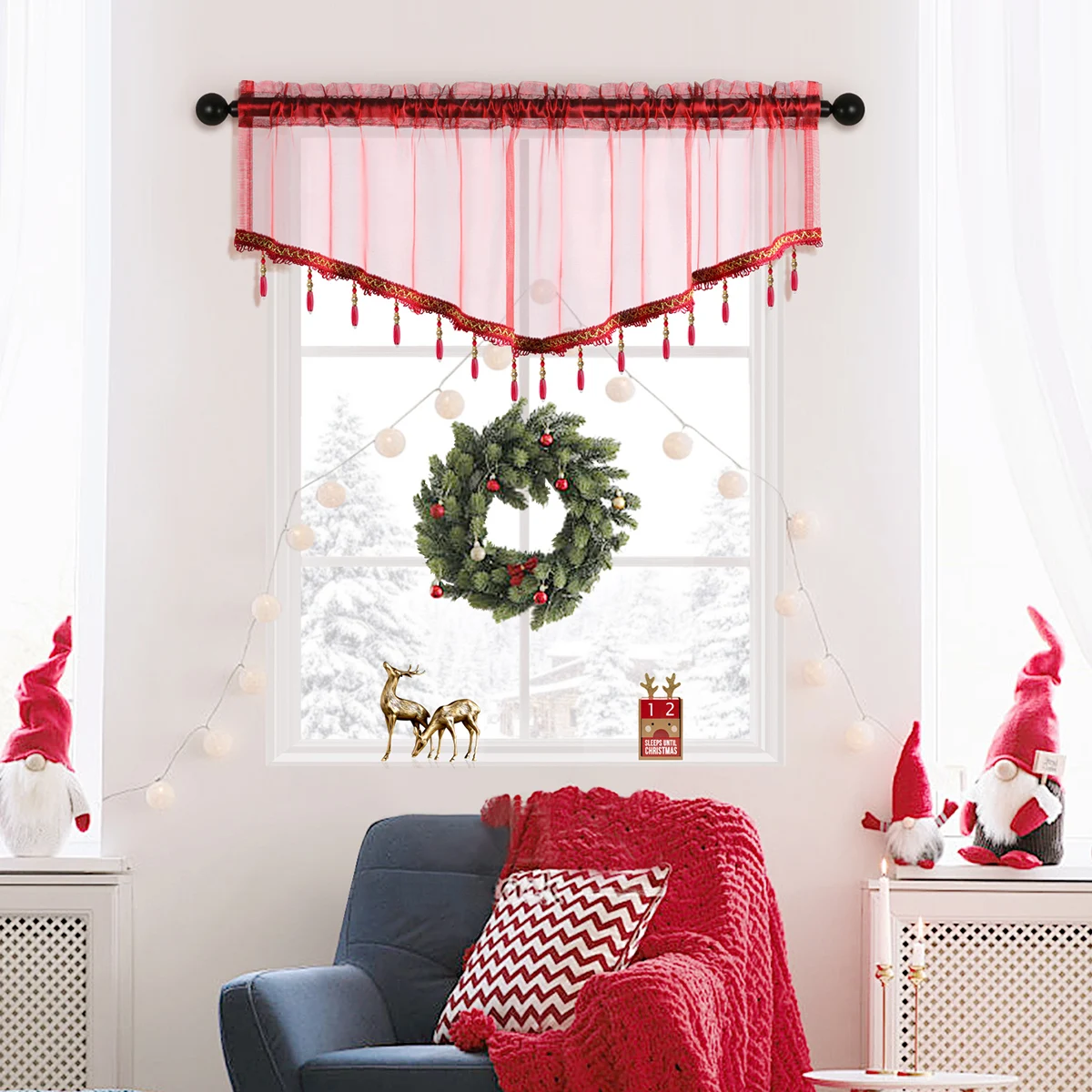 1pc Red Christmas Festival Decor Bead Valance ,Rod Pocket,Modern Curtain Valance for Living Room,Transparent Thin Sheer Valance