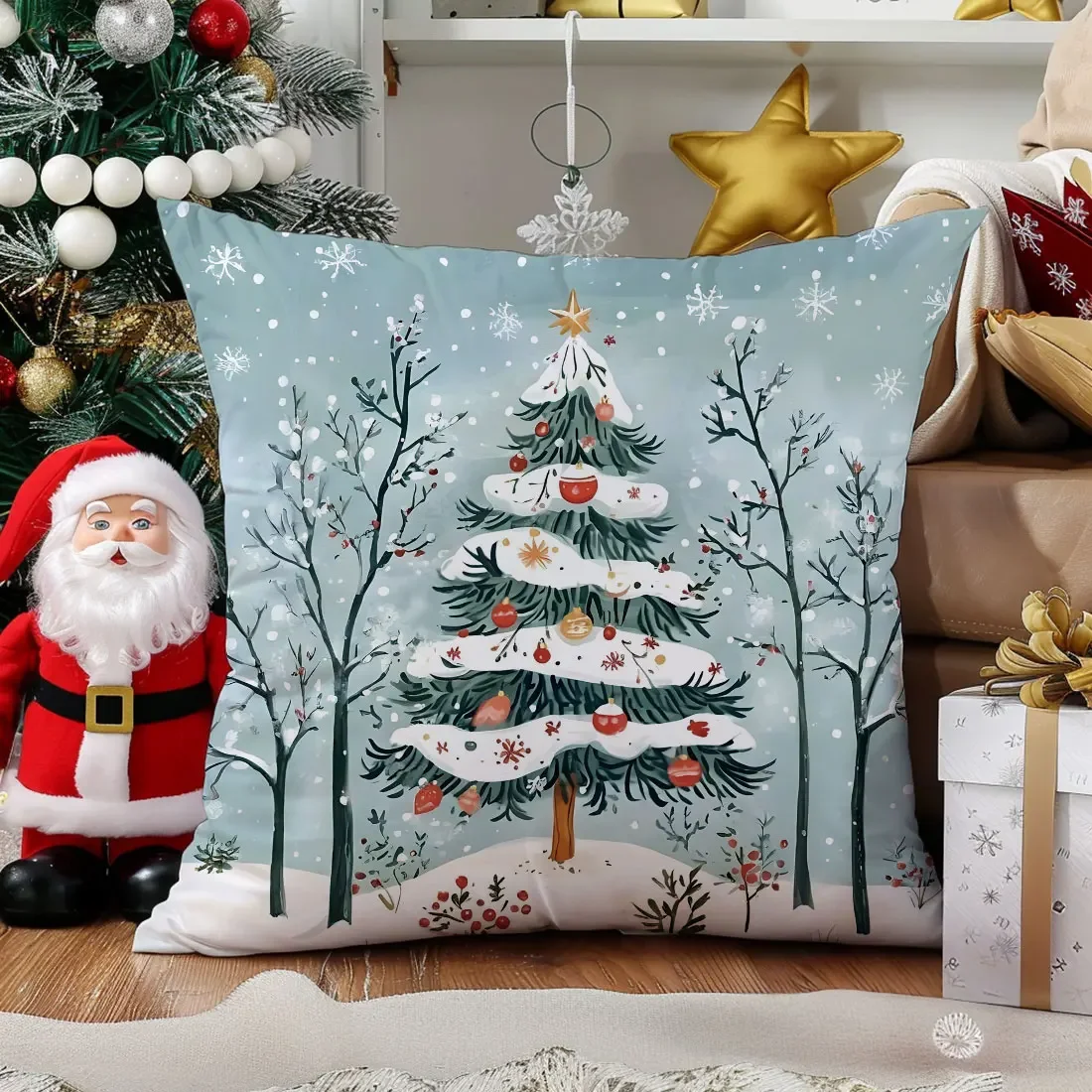 Funda de almohada navideña de acuarela azul de 45cm, fondo nevado, árbol de Navidad, Papá Noel para el hogar, funda de cojín