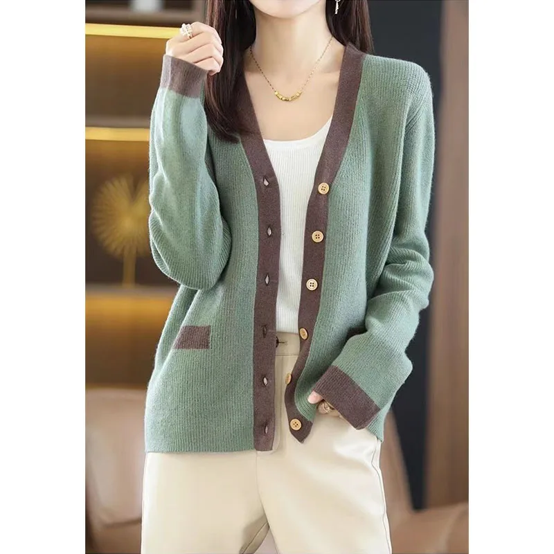 Korean Fashion Panelled Knitted Cardigans Sweaters Autumn Winter New Women\'s Clothing Loose Warm Long Sleeve V-Neck Casual Coats