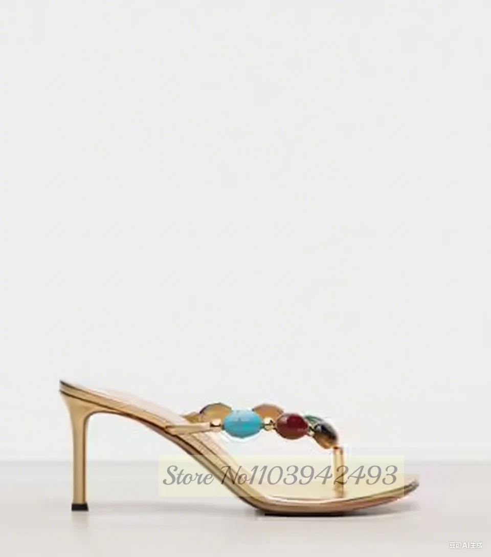 

Golden Heels Double Strappy Clip Toe Heeled Sandals Mixed Color Gem Flip Flops Shallow Thin High Heel Women Outer Modern Slildes