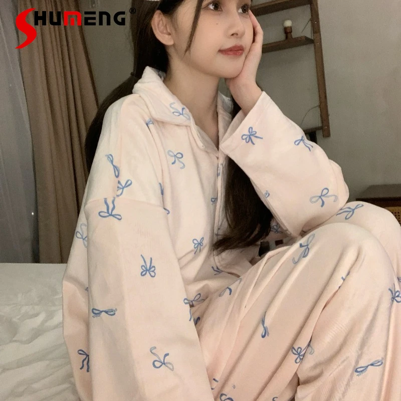 

Cute Bowknot Velvet Warm Pajamas Female Autumn Winter Thickened Fleece Lined Sleep Set Women Japanese Cute Underwear Suits