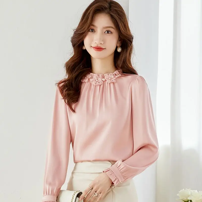 2023 New Temperament Pleated Solid Color Chiffon Half Height Collar Long Sleeve Blouse Women Clothes Elegant Floral Shirts Tops