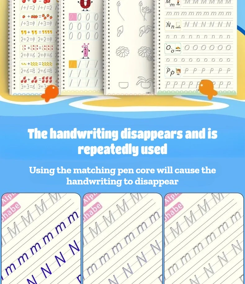 4-teiliges Magic Groove-Übungsheft für Kinder, wiederverwendbares Schreibbuch, verwendet für englische Kalligraphie im Vorschulalter, zum kostenlosen Abwischen und Lernen – Detail 2