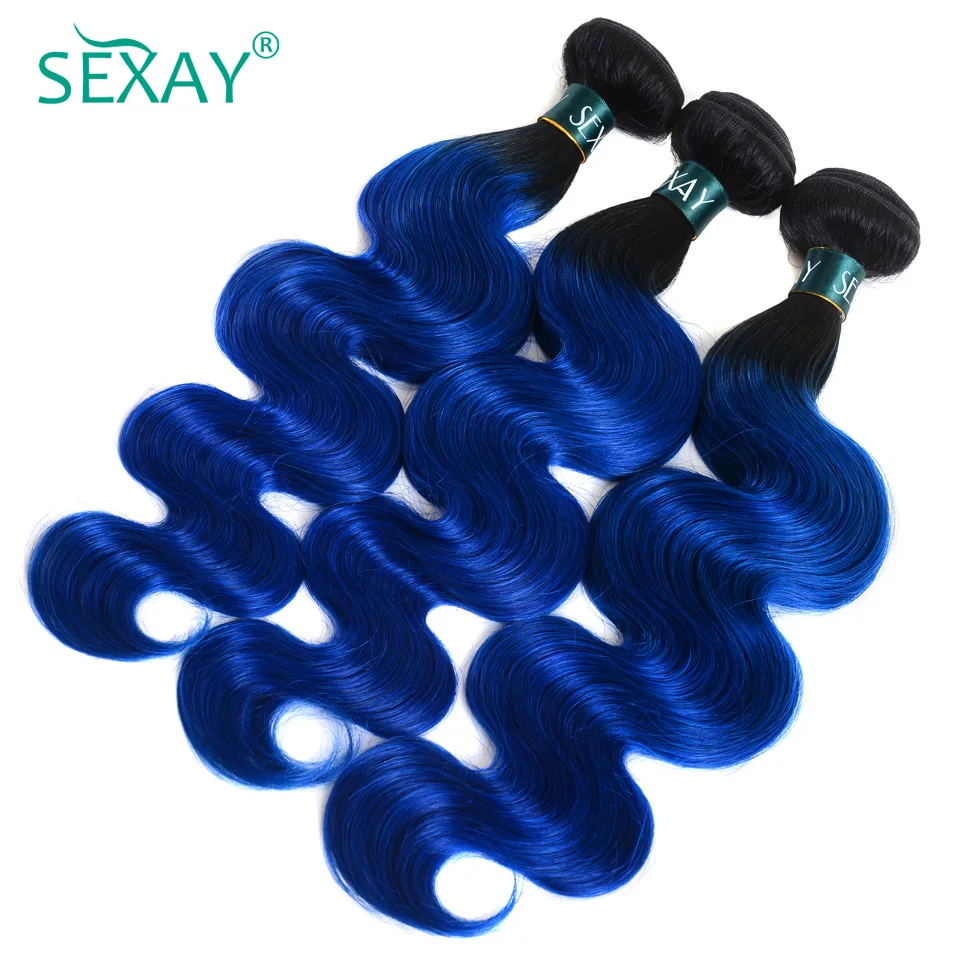 Ombre Blue Bundles With Frontal Pre Plucked Brazilian Body Wave 1B Blue Color Human Hair Weave 3 Bundles With 13x4 Lace Frontal