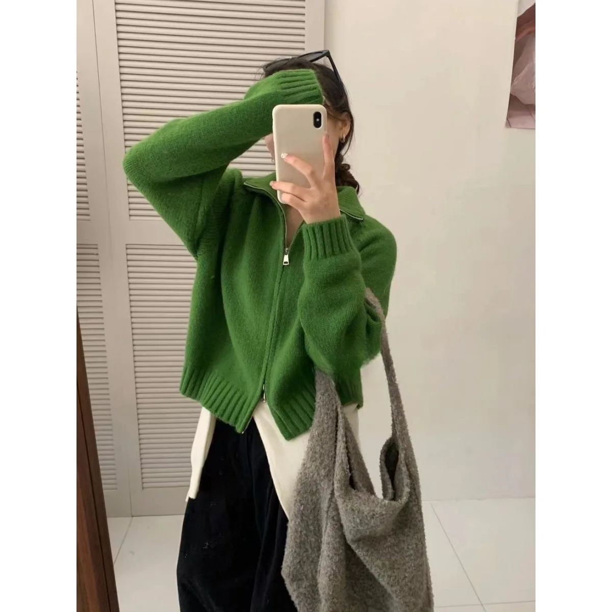 

Autumn Winter High Collar Double Zipper Sweater Cardigan Women's New Loose Lazy Style Warm Inner Wear Top Thickened Spring