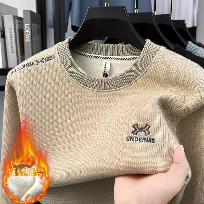 

2025 New Men's Round Neck Casual Winter With Thick Velvet Base And Warm Knit Sweater Inside
