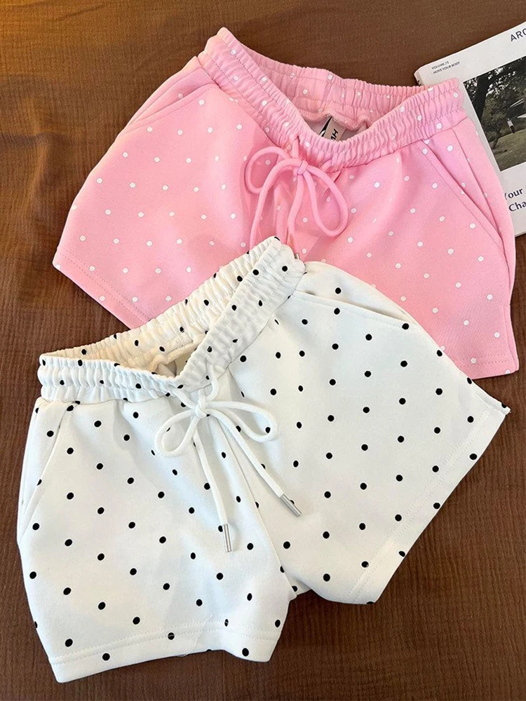 Summer Dot Sweet Shorts Women Loose Fashion Preppy Style Cute Shorts Casual High Waist Lace Up Chic Female Pockets Kawaii Shorts