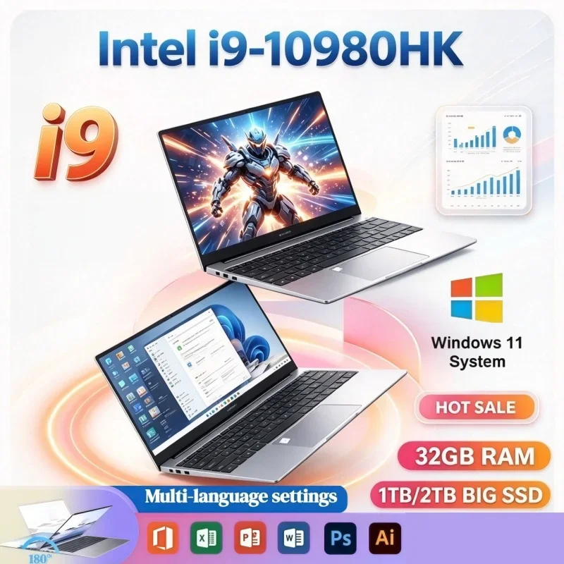 Intel i9-10980HK Powerful Ultra-thin Laptop 15.6 Inch New Portable Laptop Windows11 16GB/32GB RAM 1/2TB Large SSD