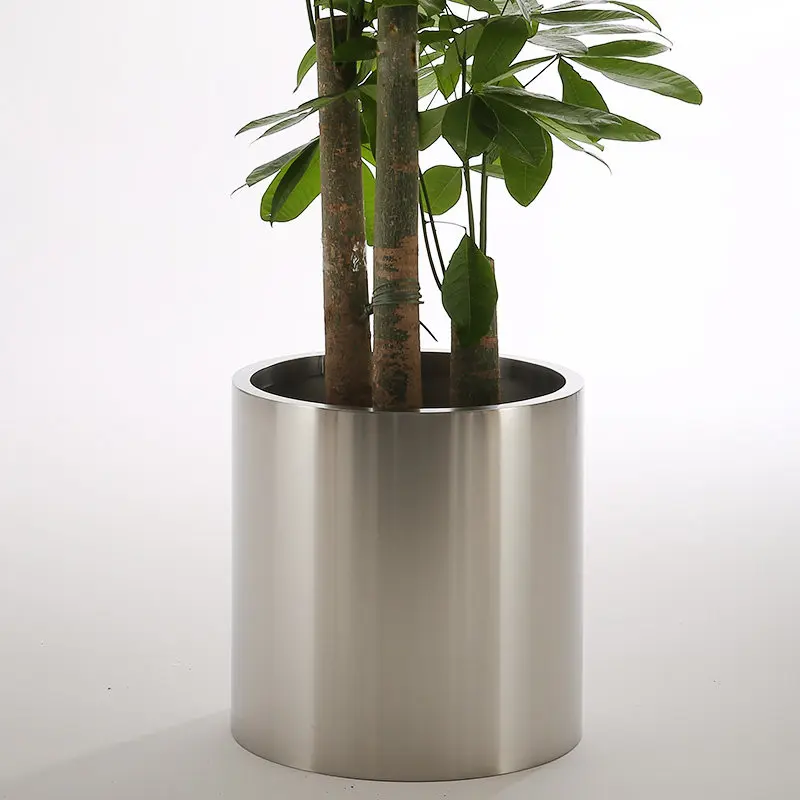 Cylindrical Brushed Stainless Steel Planter Hotel Lobby Flower Pot for Patio Roof Garden Container Minimalist Decorative Vase