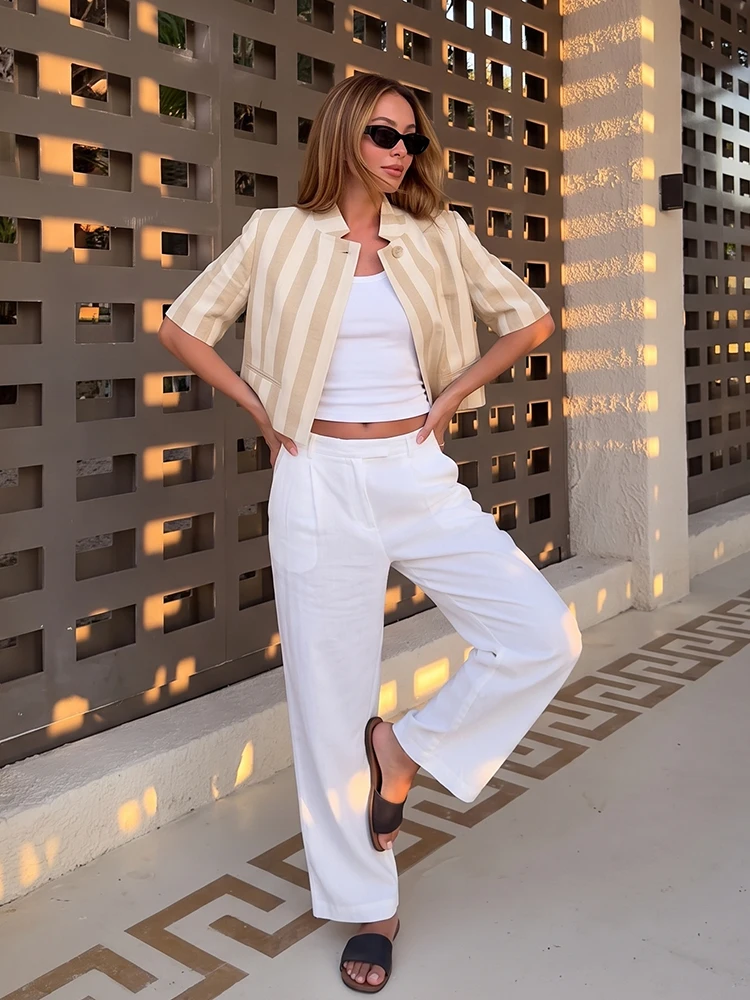 Chaqueta Blazer Corta Minimalista de Verano para Mujer, Cuello Mao, Botón Único, para Oficina, Vacaciones o Uso Casual