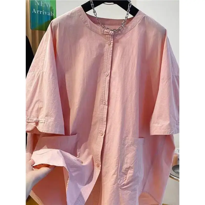

Loose Fit Short Sleeve Shirt Women's Fashionable Chinese Style Button up Breathable Summer Top Large Size 300 Pounds