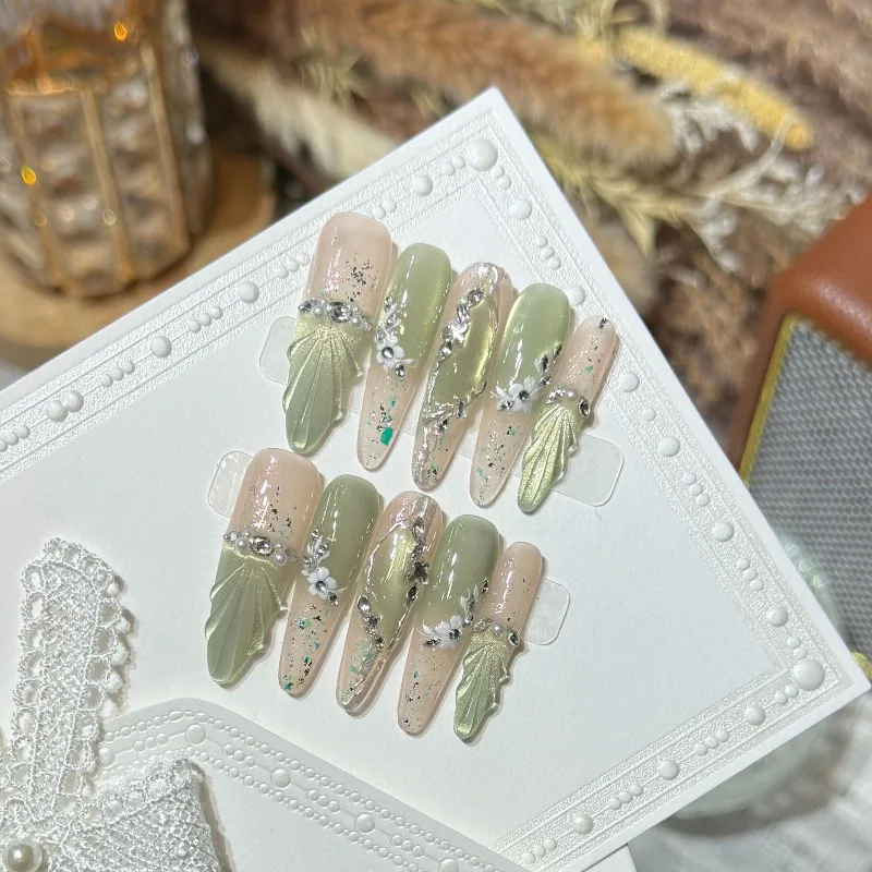 

Press On Nails Long Almond Shape Green Cat Eye French Style With Flower Pearl Decor Detachable Handmade False Nails For Beauty