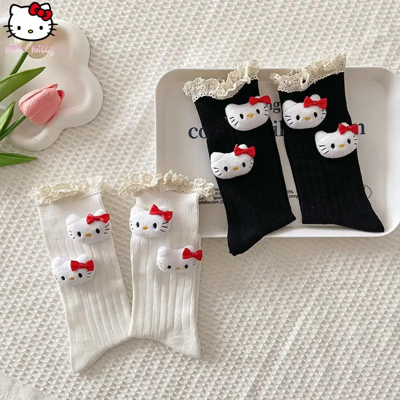 

Новые осенне-зимние милые мультяшные носки для девочек, впитывающие пот, средней длины, с аниме-персонажами Hello Kitty, детские кружевные носки
