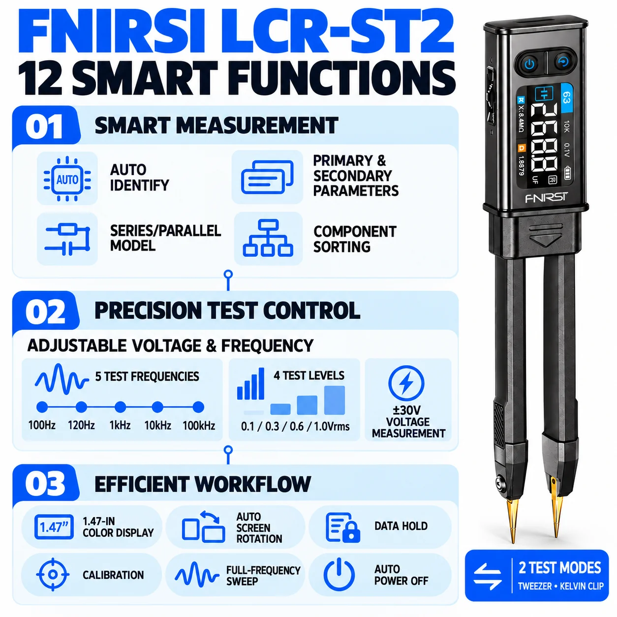 FNIRSI LCR-ST2 2-in-1 Tweezer LCR ESR Meter SMD Tester 30V Kelvin Clip Capacitance Inductance Resistance Diode Continuity