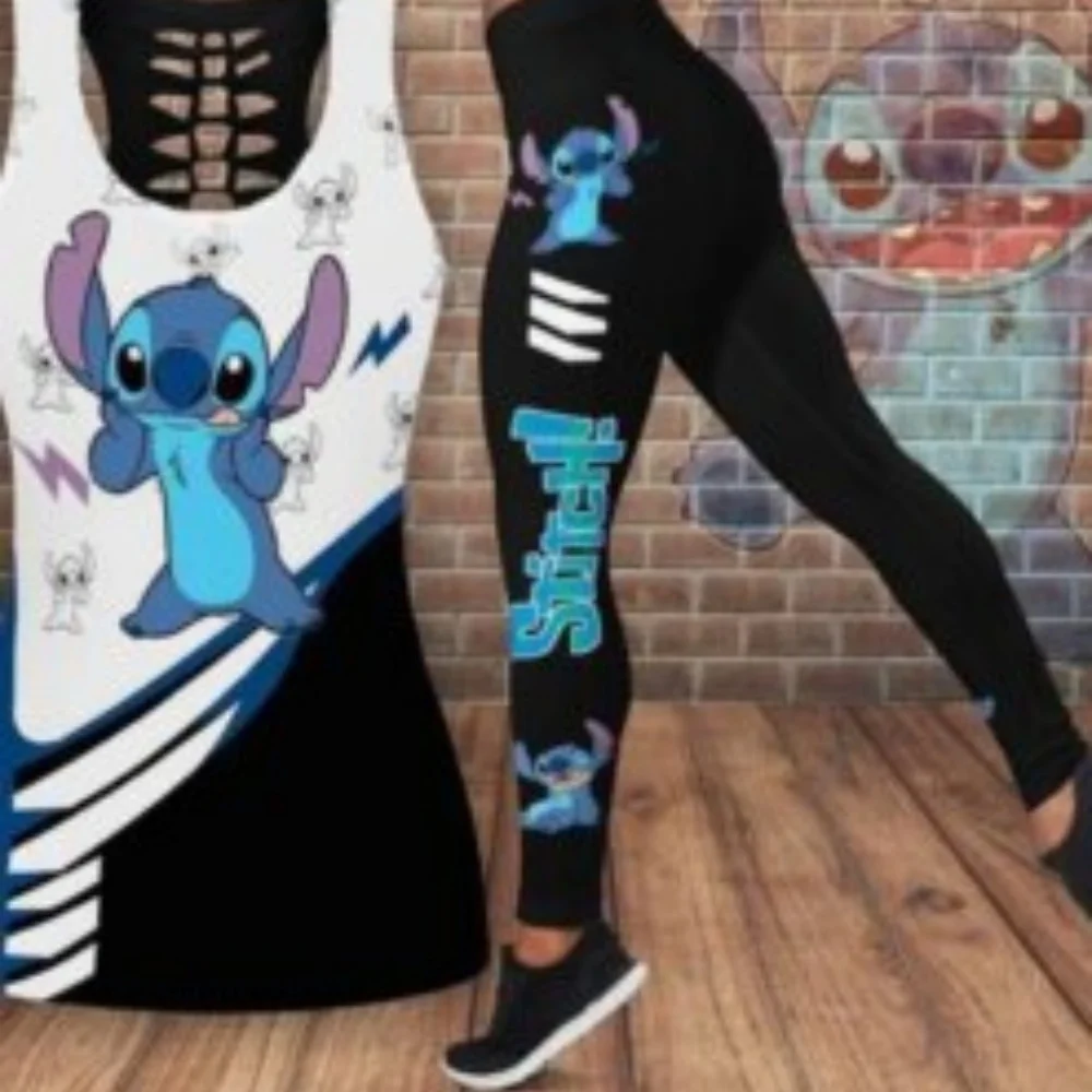 

2025Disney Stitch Women's Hollow Tanktop Leggings Yoga Set Summer Fitness Leggings Tracksuit Disney Cutout Tank Top Leggings Set