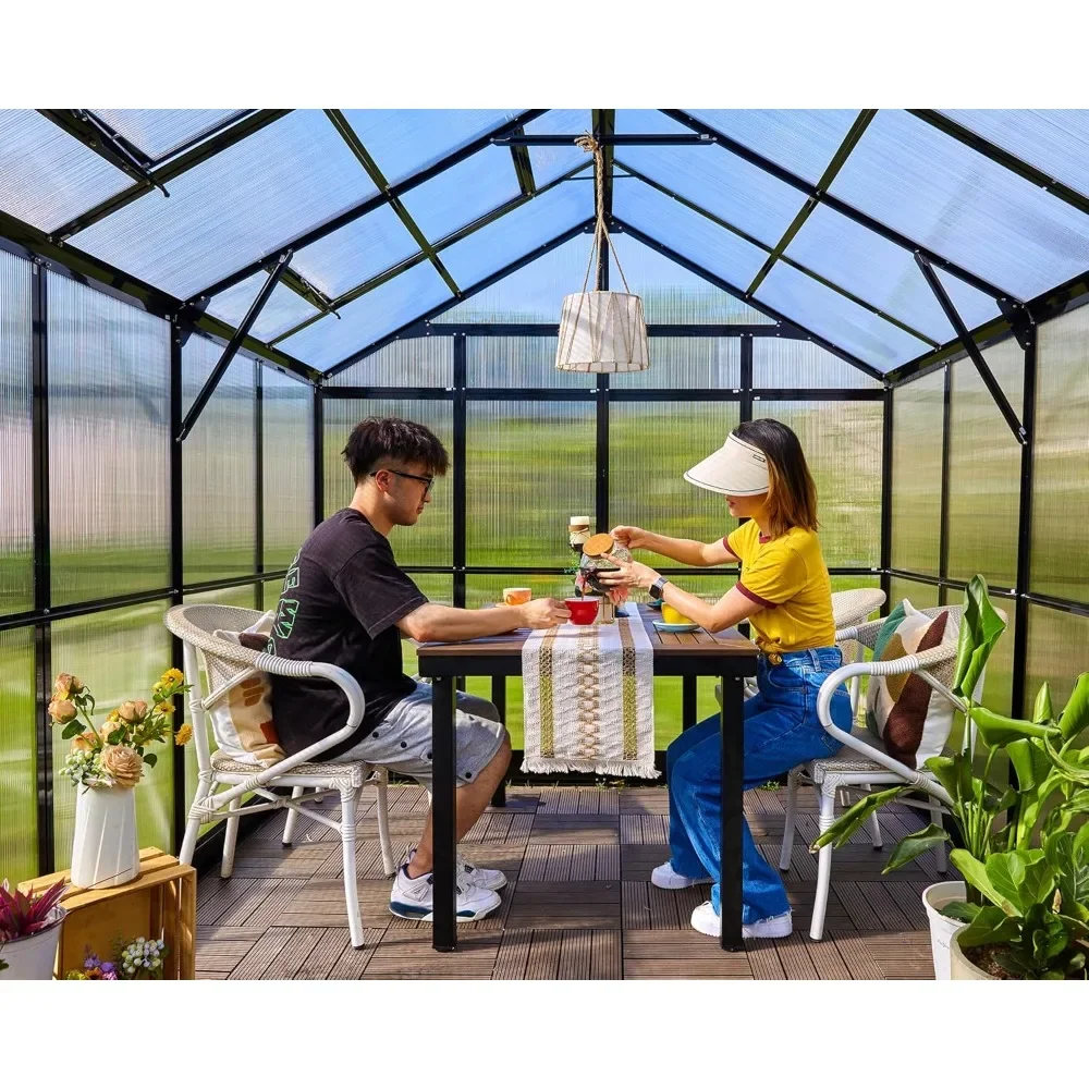 8x10x7.5 FT Greenhouse - Outdoor Aluminum Polycarbonate Greenhouse with Ventilation and Rainwater Sink, 2 Hooked Swing Doors