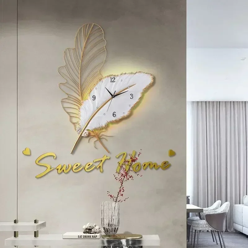 AZ Wall Clock Home Decor Light Luxury Feather Design Modern Living Room Decoration Digital Watch Hanging Timepiece Ornament