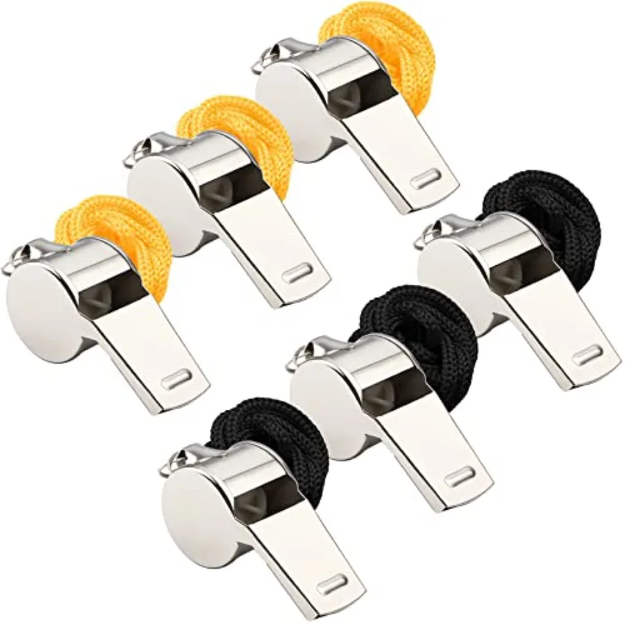 Paquet de 6 sifflets en acier inoxydable avec lanière, sifflets de sport d'arbitre pour entraîneurs de Football, basket-ball, entraînement, gymnases d'urgence