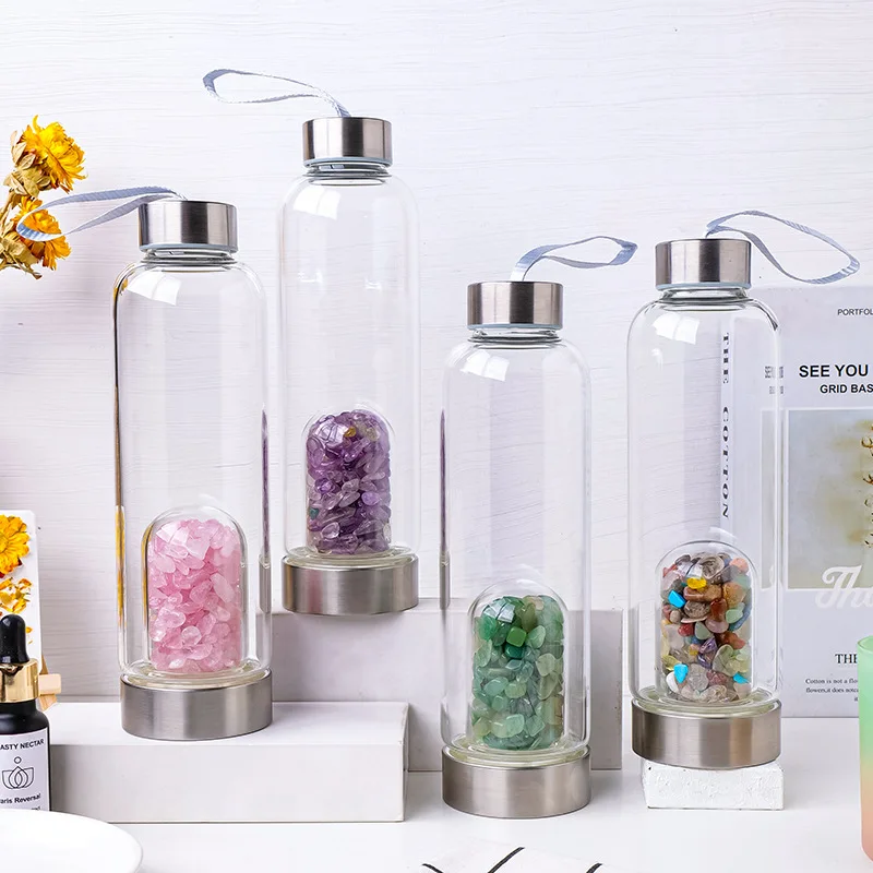 天然水晶石エネルギーカップ 304ステンレス鋼ガラス製水筒 高ホウケイ酸ガラス製水カップ 蓋付き ロープ付き