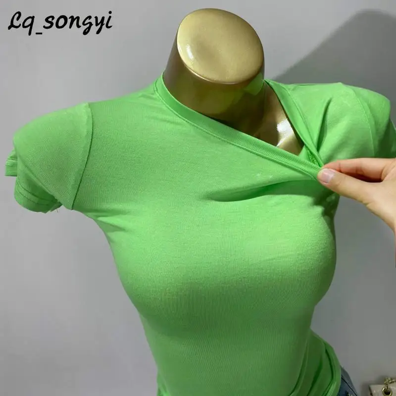

Lq_songyi Summer O Neck Slim T Shirts Women 2024 Spring Summer High Strecth Crop Top Sexy Short Sleeve Solid Thin Base T Shirt