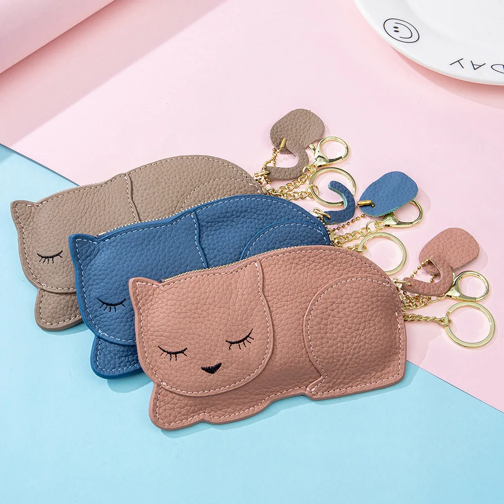 Leather Casual Pure Color Commuting Simple Cute Cat Zipper Ultra-Thin Key Mini Coin Bank Card Bag Woman Student