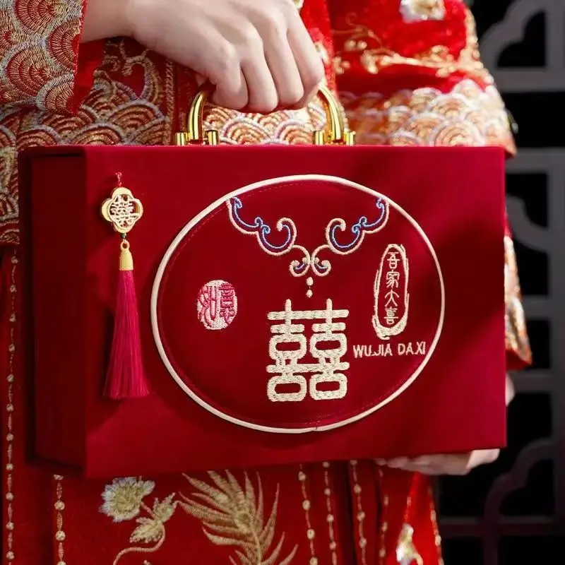 중국 스타일 선물 약혼 케이스 결혼식 지참금 가죽 휴대용 문서 선물 보관 상자 30X9.5X20CM