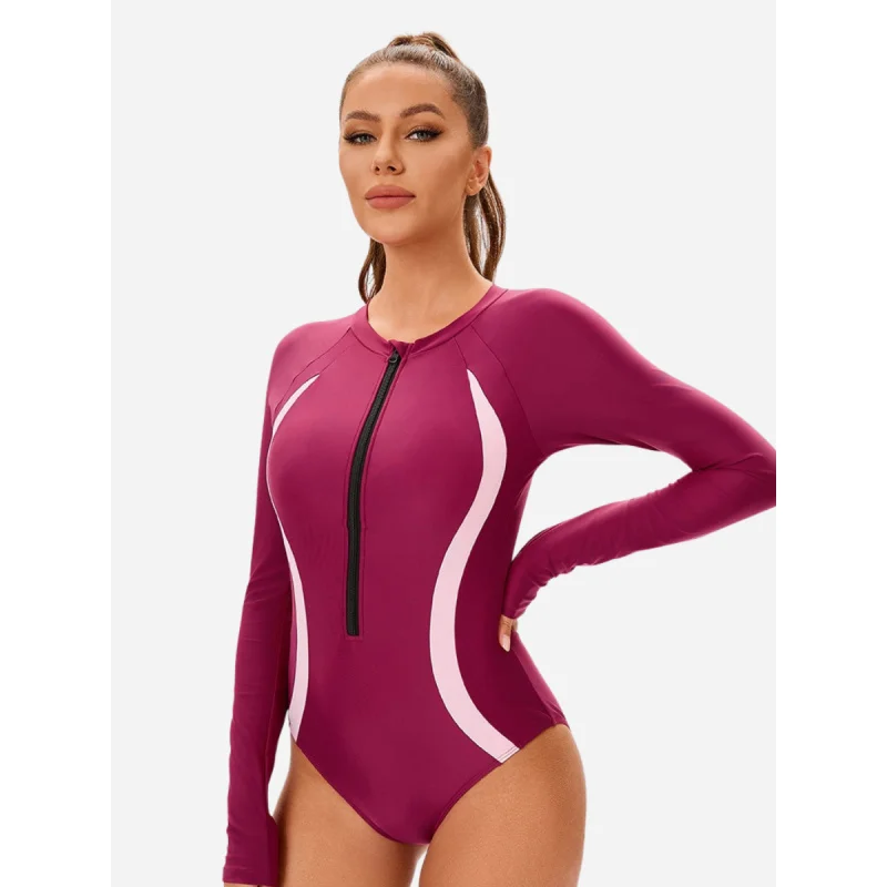 

Front Zip Surfing Swimear One Piece Women Rash Guard Swimsuit Long Sleeve UPF 50+ Bathing Suit Color Block Spor Beach Wear