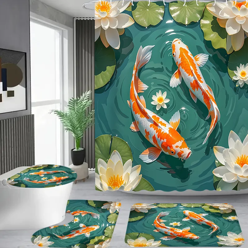 

4pcs Koi and for Lotus pattern, Apartment bathroom, Shower Room shower curtain, hotel shower curtain set, with 12 hooks, bat