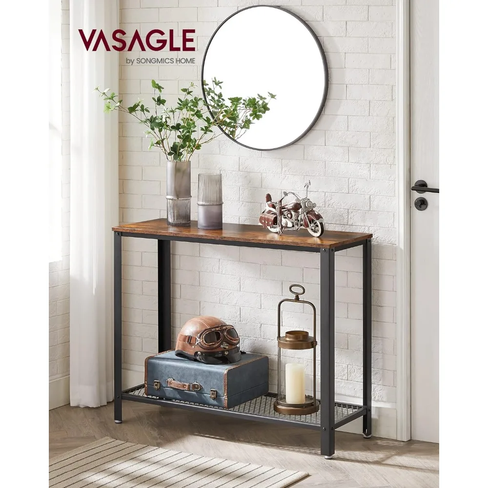 Console Table, 2-Tier Entryway with Mesh Shelf, Narrow Sofa Tables, Steel Frame, Adjustable Feet, for Hallway