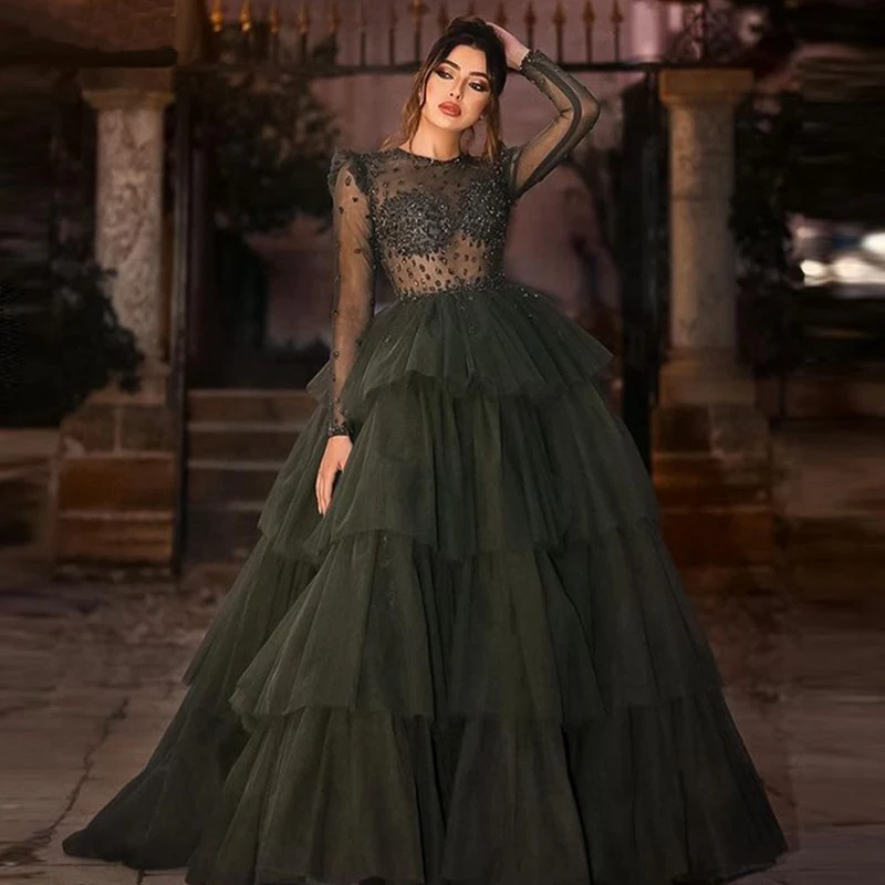 Modern Green Tulle Tiered Ball Gown Long Evening Dress Sparkly Crystals Beaded Prom Gown Custom Special Occasion Dresses