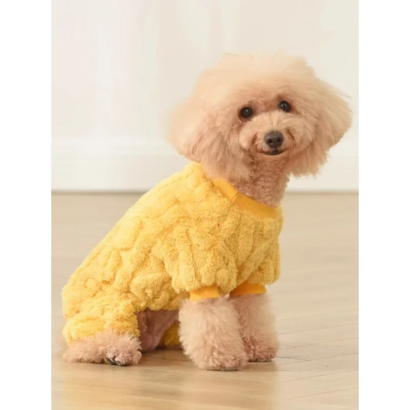 Dog clothing with traction loop for autumn and winter, Teddy small dog and puppy pet plush warm four legged cotton jacket