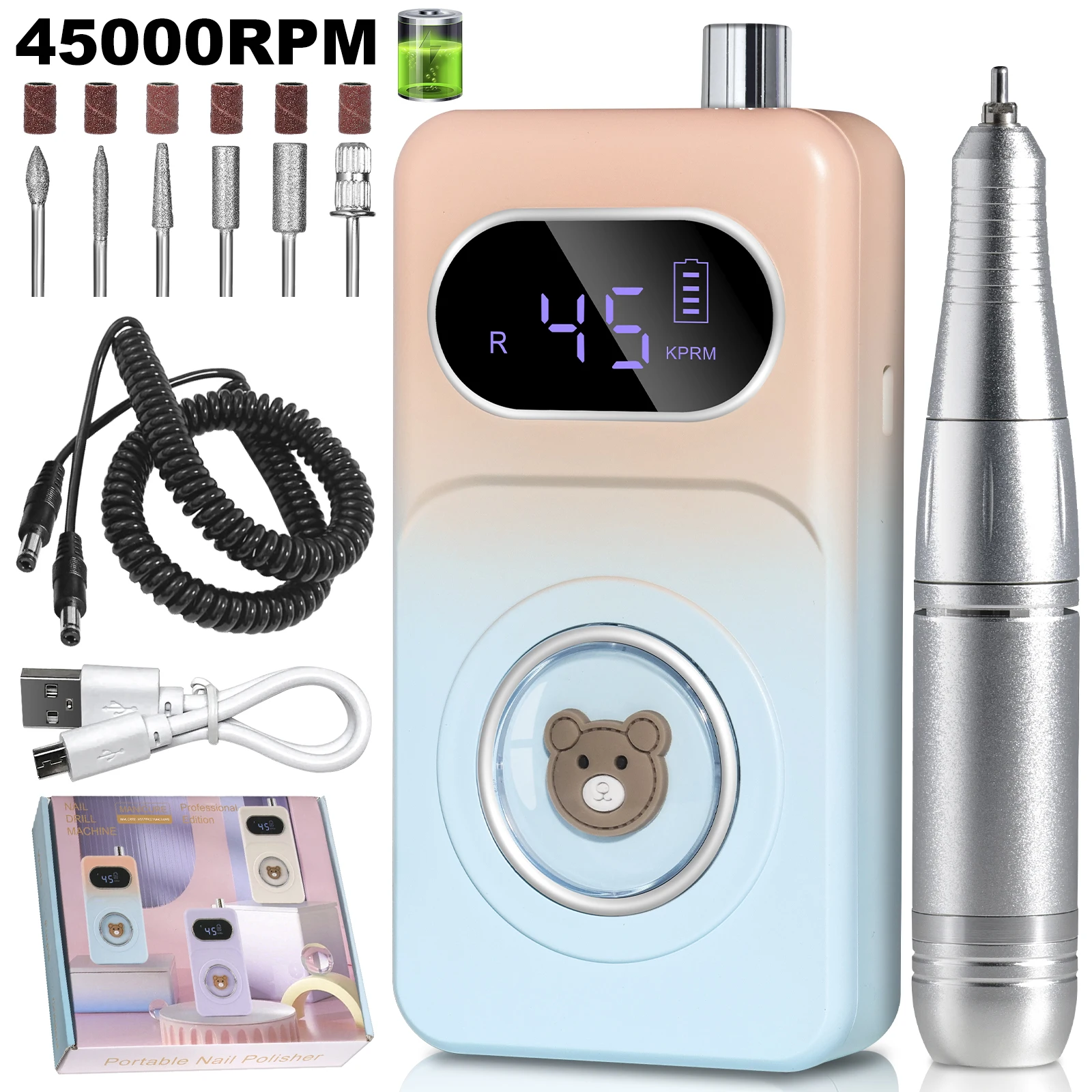 

Professional 45000RPM Portable Electric Nail Drill Kit,Rechargeable Nail Electronic File Machine,Electric Nail Polishing Machine