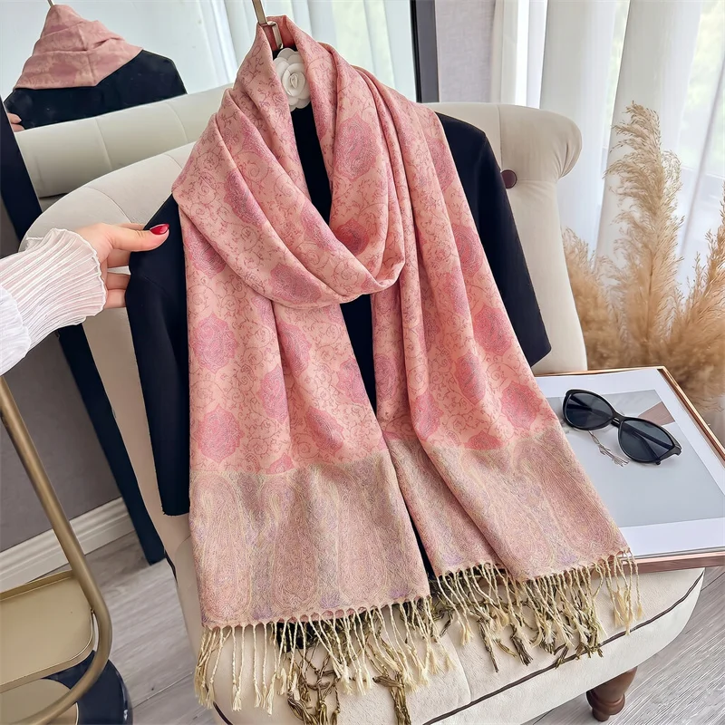 Écharpe Jacquard Vintage Rose Poudré à Motif Paisley pour Femme, Châle à Franges Style Palais, Idéal pour l'Automne Hiver, Événements Formels, Cadeau