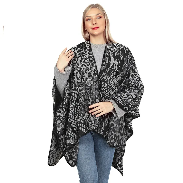 

Imitate Cashmere Knitted Shawl Women Leopard Print Cloak Autumn Fashion Street Poncho Lady Capes Black Cloaks