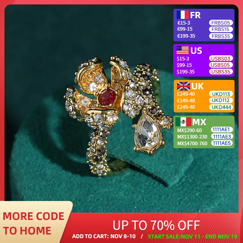 

Vintage Flower Rings For Woman Gold Color Rhinestone Crystal Zincon Retro Trends 2025 Jewelry Accessories Float Christmas Gift