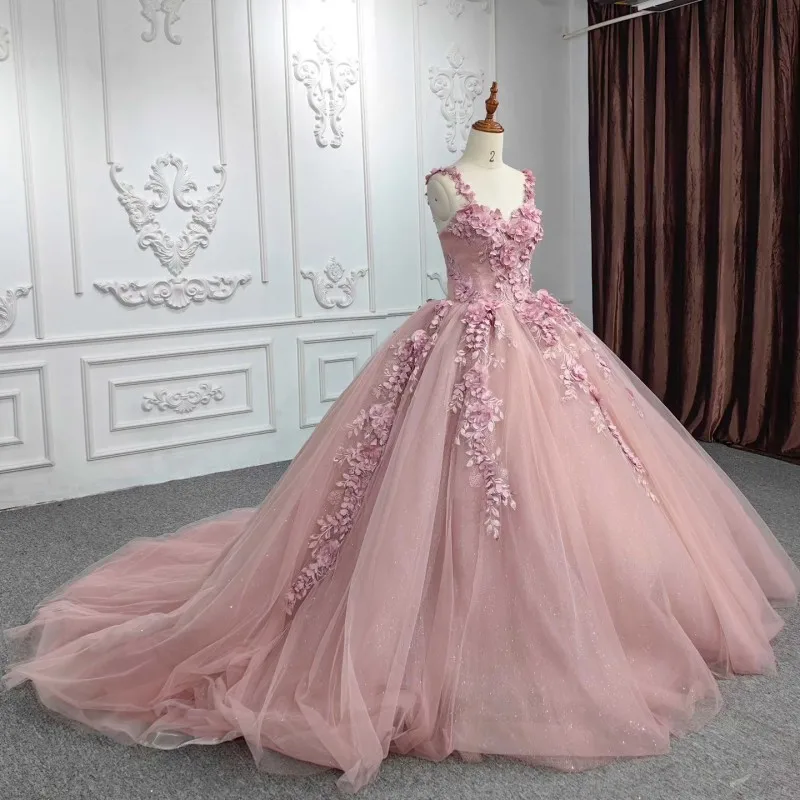 

Розовое блестящее Цветочное платье для Quinceanera, на бретелях-спагетти, 3D, женское бальное платье для вечеринки в честь Дня Рождения, платья для 15 лет