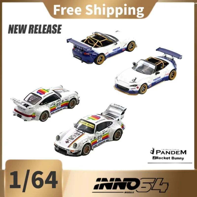 [In Stock] Inno64 1/64 Diecast Wide‑Body Car Model, RWB Porsche / Pandem Mazda MX‑5, White Racing Livery Collectible