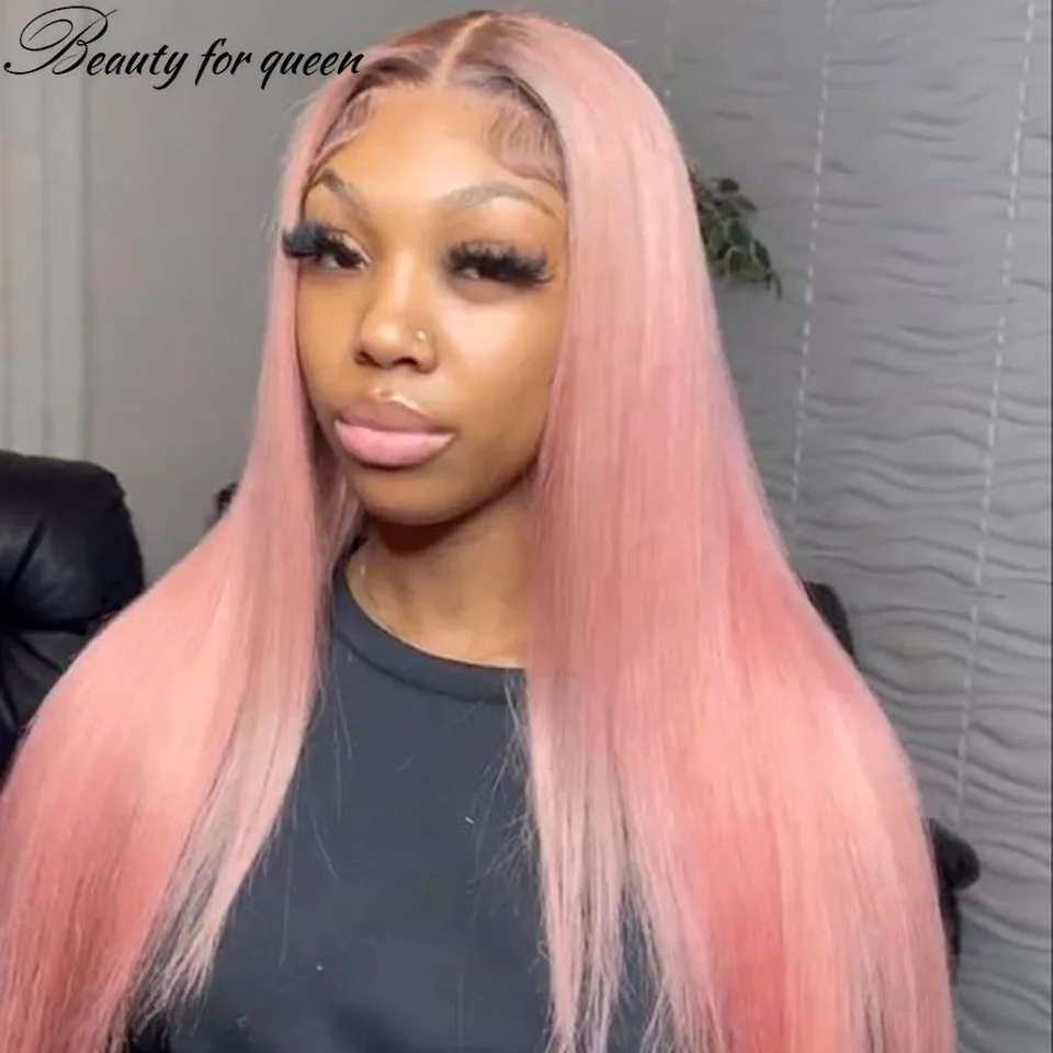 Straight Lace Front Human Hair Wigs Pink Colored Transparent Lace Frontal Wigs For Women With Dark Roots 150 Density Pre Plucked