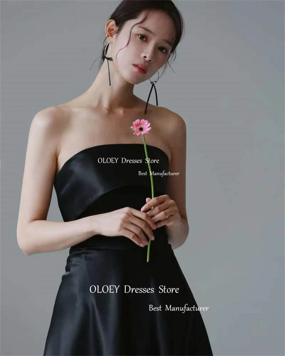 OLOEY Black Strapless A Line Wedding Dress Korea Photoshoot Pleats Satin Floor Length Formal Evening Gown Custom Made