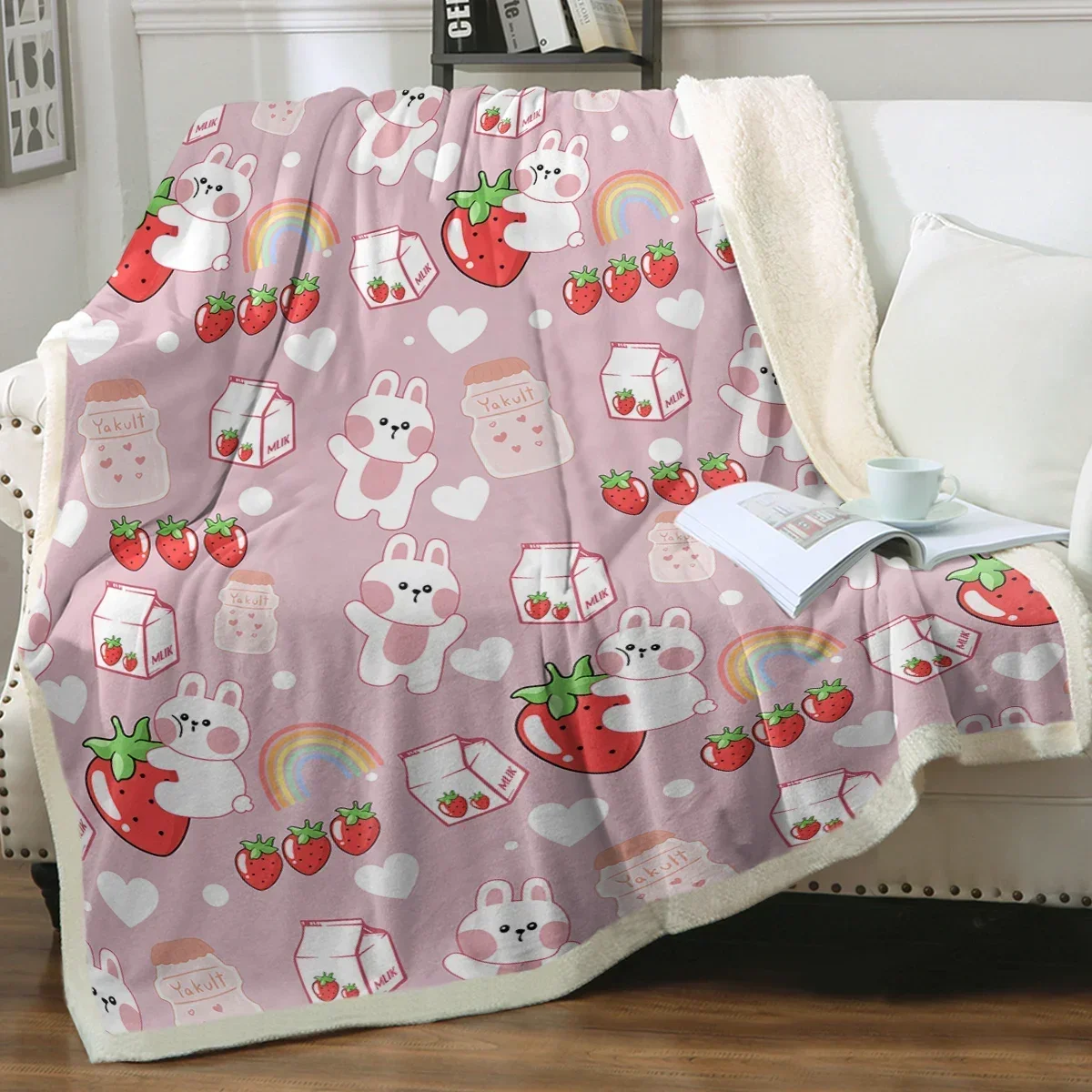 

3D Printed Baby Blanket The with The Strawberry Babes Carpet Rabbit Milk Bottle and Rainbow Love Heart Soft Breathable Blankets